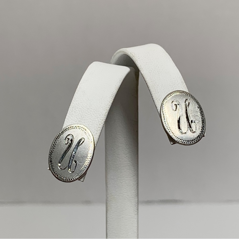 Vintage hand engraved pewter oval U or N monogram initial earrings